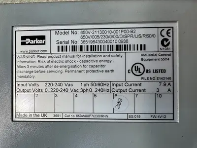 PARKER AC DRIVE 650 Series 650V-21130010-001P00-B2 (BIN-1.5.5)