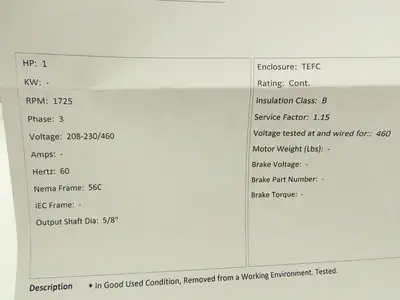 Boston Gear HUTF-5/8-B AC Motor 1Hp 1725 RPM 230/460V 3PH 56C TEFC