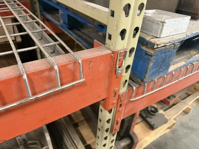 (2) sections of Teardrop style pallet racking, includes (3) 42" deep x 16' tall uprights, (14) 12' c...