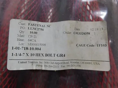 Lot of 10 United Titanium Inc. 1-1/4-7X10 Grade 4 Hex Bolts Matl. CP-Ti New