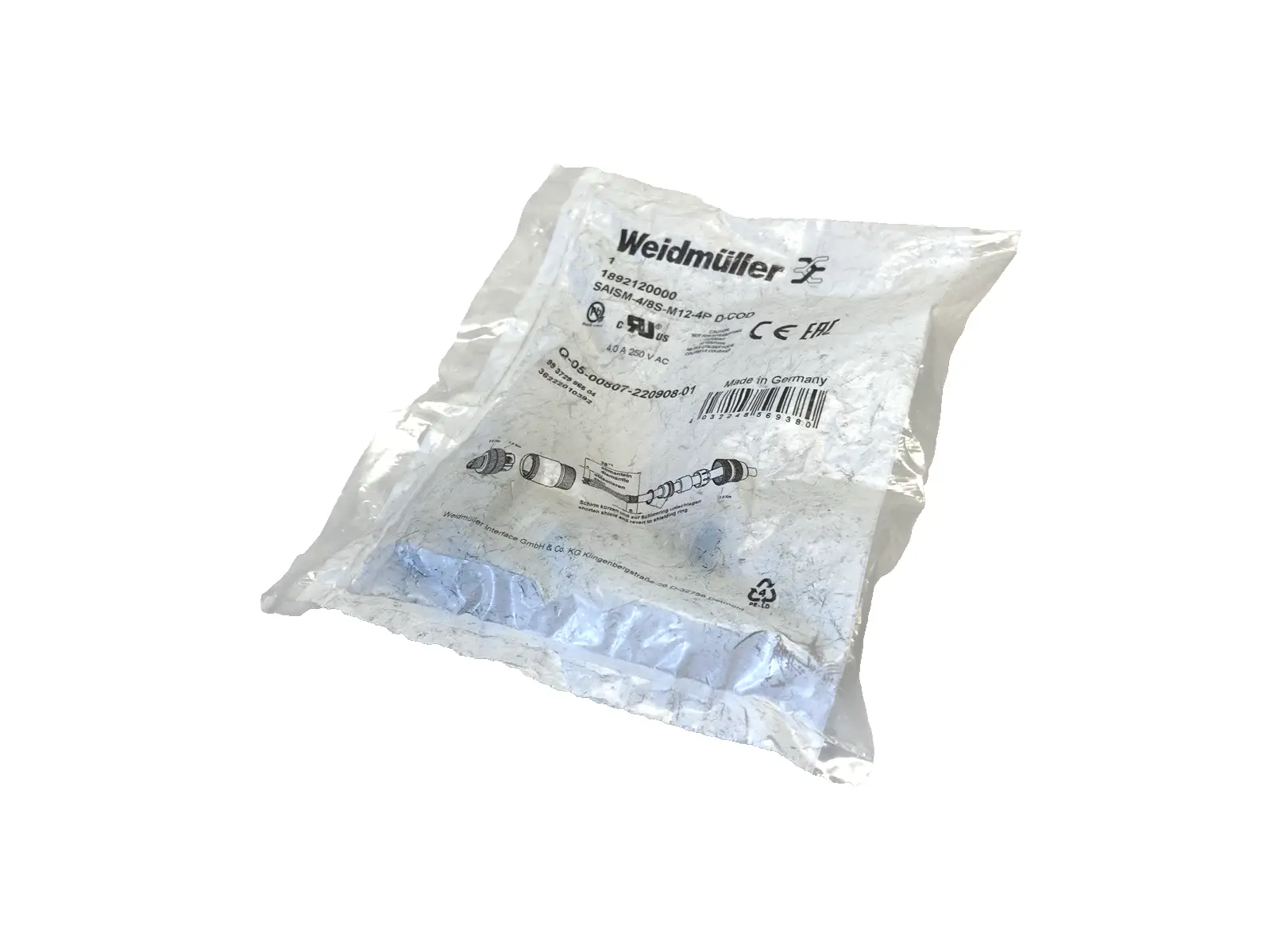 SAISM-4/8S-M12-4P D-COD,SAISM-4/8S-M12-4P,1892120000 | Weidmuller 1892120000 Field Wireable Connector M12 4-Pin SAISM-4/8S-M12-4P D-COD - New
