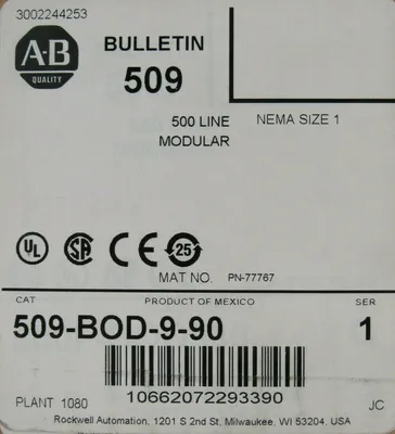 NEW ALLEN BRADLEY 509-BOD-9-90 STARTER SIZE 1 SER.1 509BOD990