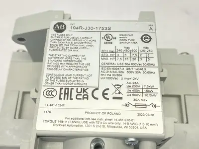 USED ALLEN-BRADLEY SER. A FUSIBLE DISCONNECT SWITCH, 3-POLE, 30A