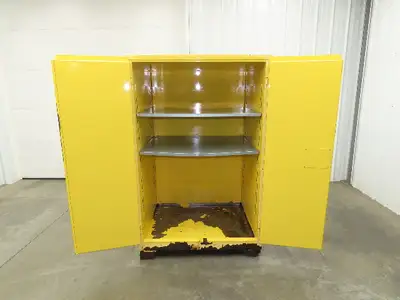 Jamco FM90 Safety Flammable Cabinet 60 Gallon Double Shelf Yellow Rusted Base