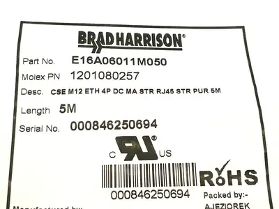 E16A06011M050 | Woodhead Brad Harrison  M12 To RJ-45 Crimp Lock Cable Assembly 5m - New