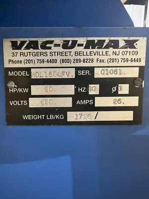 20 HP VAC-U-MAX MODEL #1500FV PORTABLE VACUUM DUST COLLECTOR: STOCK #20581