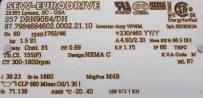 NEW SEW EURODRIVE S57 DRN90S4/DH GEAR MOTOR 38.23:1 1.5HP 230/460V S57DRN90S4DH