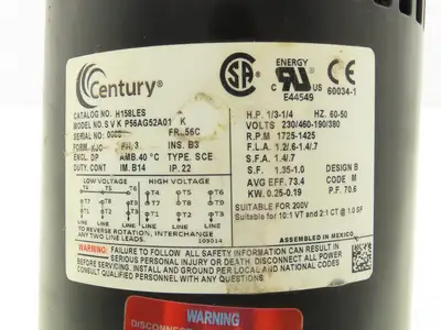 Century SVK P56AG52A01 AC Motor 1/3Hp 1725rpm 230/460V 3PH 56C Drip Proof
