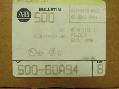A-B Allen Bradley 500-B0A94 Series  B AC Contactor 230-240V Coil 50/60 HZ Size 1