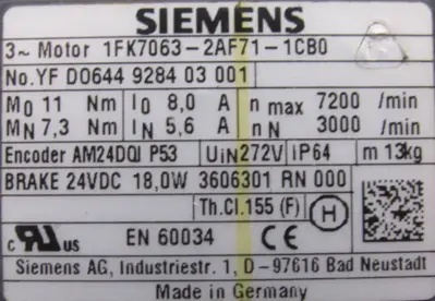USED SIEMENS 1FK7063-2AF71-1CB0 SERVO MOTOR 1FK70632AF711CB0
