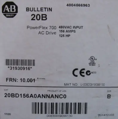 ALLEN BRADLEY 20BD156A0ANNANC0 POWERFLEX 700 125HP SER.B 20-HIM-A3 NEW SURPLUS