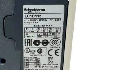 USED SCHNEIDER ELECTRIC LC1D115 CONTACTOR LX1D8G7 120V 50/60HZ COIL