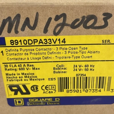 Square D 8910DPA33V14 3 Pole 30 AMP 24 V Definite Purpose Contactor