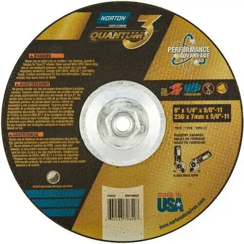 Norton Quantum  Grinding Wheel 9" x 1/4" x 5/8-11 Type 27 Foundry Snagger USA
