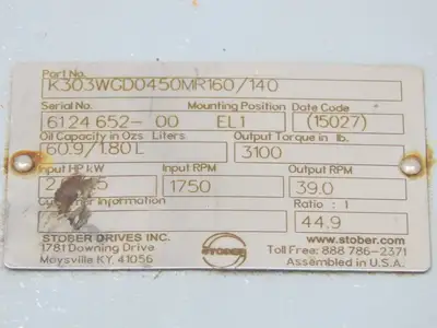 Stober K303WGD0450MR160/140 Helical Gearbox 44.9 Reducer 39rpm 2Hp Hollow Shaft