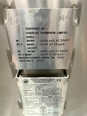 Charles Thompson 585 Liter Nutsche Agitated Filter Dryer w/ Spares 0.58 m3