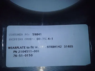 Wearplate / Suction Side Plate to fit Worthington pump model 6FRBH-142, 316ss