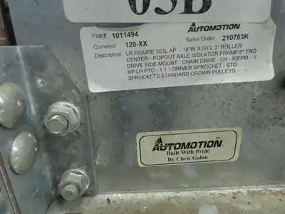 Automotion 15"x 66' Belt Drive Live Roller Bed Conveyor 460V End Drive 95FPM