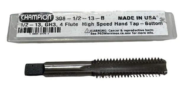 Champion 1/2"-13 HSS Hand Tap 4 Flute GH3 Bottoming Tap USA Made