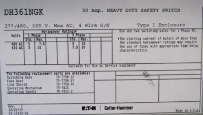 NEW EATON DH361NGK SAFETY SWITCH 30A 600V
