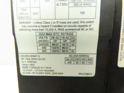 Allen Bradley 1494U-D200 Disconnect Switch 50Hp 600VAC 200A Ser A