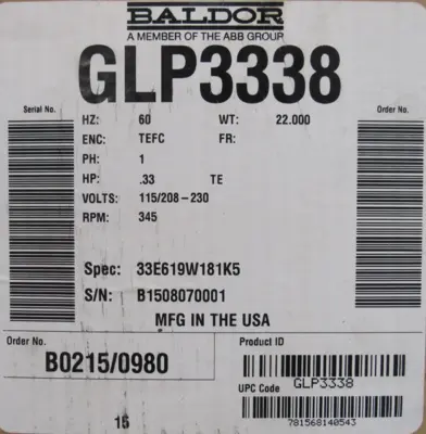 NEW BALDOR GLP3338 GEAR MOTOR .33HP 115-208/230V 3450RPM