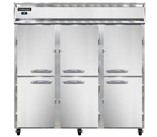 Continental 3RSNSSHD 78" Three Section Reach In Refrigerator, (6) Left/right Hinge Solid Doors, Top Compressor, 115v
