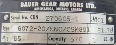 USED BAUER GEAR G072-20/SNC/CSM891 GEAR REDUCER 21.78:1 G07220SNCCSM891
