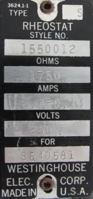 NEW WESTINGHOUSE 1550012 RHEOSTAT 1750 OHMS TYPE S