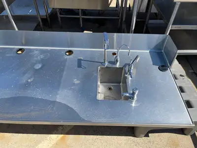 Used Falcon Restaurant Supply Used 136" Stainless Steel Counter with 2 Sink Compartments, Faucets and Ice Bin - SS5 Sinks Illinois US | Falcon Restaurant Supply #1376042