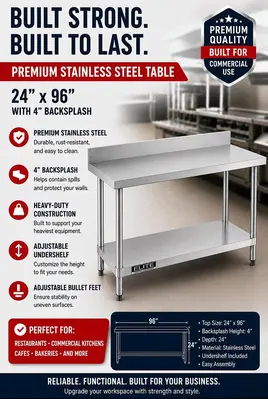 24”x96” 4" Backsplash Stainless Steel Table