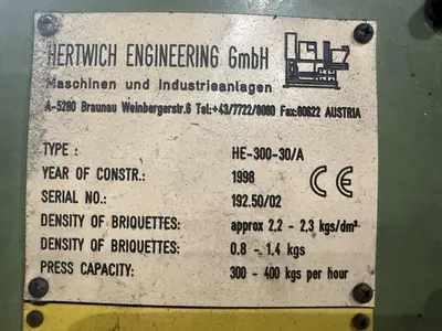 HERTWICH ENGINEERING MODEL #HE-300-30/A SWARF PUCK BRIQUETTER PRESS MACHINE: STOCK #23344