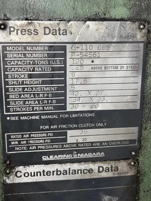 120 TON CLEARING-NIAGARA (NEW 1999) MODEL #E-110 OBS GAP FRAME PRESS, 6" STROKE: STOCK #20010