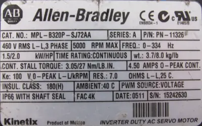 USED ALLEN BRADLEY MPL-B320P-SJ72AA SERVO MOTOR MPLB320PSJ72AA