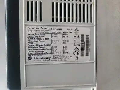 USED Allen-Bradley 20AD014A0AYNANC0 Ser A PowerFlex 70 Drive, 10HP, 480V