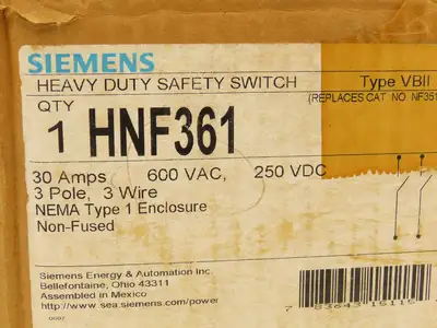 Siemens HNF361 Heavy Duty Safety Disconnect Switch 3P 30A 600VAC 250VDC