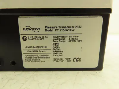FlowServe PT 715-W1E-2 Pressure Transducer 1.5-6 bar 22-87 psi IP66 NEMA 4x