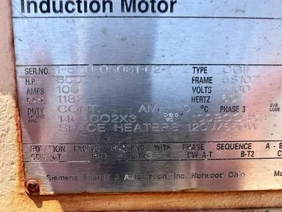 Siemens 800 HP @ 1182 RPM Electric Motor SN: 1-5110-05081-02-1