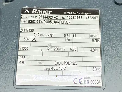 New | in-Stock Bauer Gear Motor 200RPM 0.12kW 6.75:1 Ratio 27144824-2 Gearmotors Michigan US | Maverick Industrial Sales #1394888