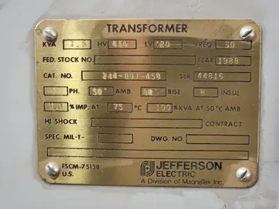 Used 1988 JEFFERSON ELECTRIC 244-001-458 Transformers British Columbia CA | Lenmark #265760