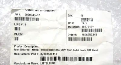 LOT OF 5 NEW LITTELFUSE 37000500410 FUSES