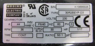 NEW BODINE ELECTRIC 30R2BEYP-D3 GEARMOTOR 50:1 230V 30R2BEYPD3