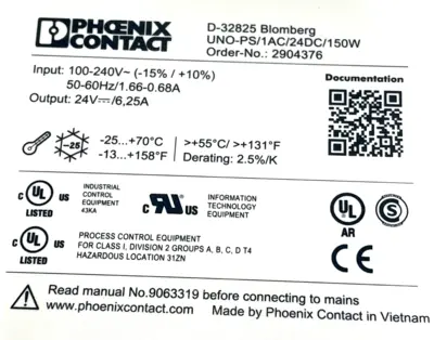 USED PHOENIX CONTACT UNO-PS/1AC/24DC/150W POWER SUPPLY UNOPS1AC24DC150W