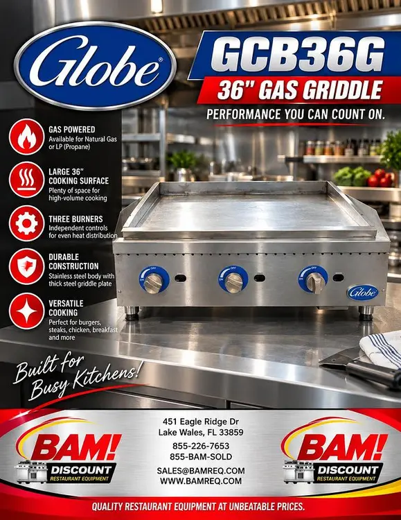 Used GLOBE GCB36G Commercial Flat Top Griddles Florida US | BAM Discount Restaurant Equipment #1452325
