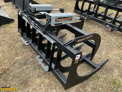 New Tomahawk 72” brush grapple attachment, two hydraulic grapple arms, skid steer quick attach