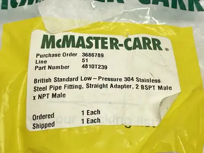 4810T239 | British Standard Low-Pressure 304 SS Male Pipe Fitting 2" BSPT x 2" NPT - New