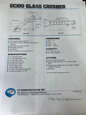 96" CP MFG MODEL #GC-100 "GLASSHOPPER" PORTABLE INCLINED CONVEYOR & GLASS CRUSHER: YOBRO #24416