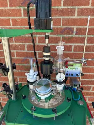 USED CHEMGLASS 100 LITER JACKETED GLASS REACTOR W/ CHEMGLASS DIGITAL OVERHEAD STIRRER
