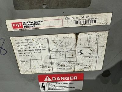 FPE 45KVA TRANSFORMER HV:480 LV:208Y/120