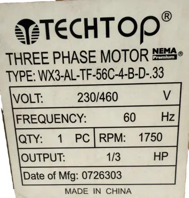NEW TECHTOP WX3-AL-TF-56C-4-B-D-.33 MOTOR 1/3HP 230/460V WX3-ALTF56C4BD33
